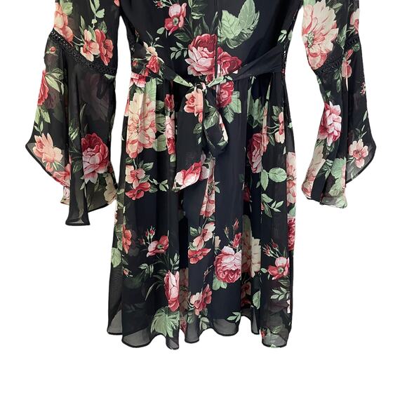 Y2K BCX Babydoll Sheer Bell Sleeve Floral Mini Dress Black Multi 3 Whimsigoth - Picture 6 of 12